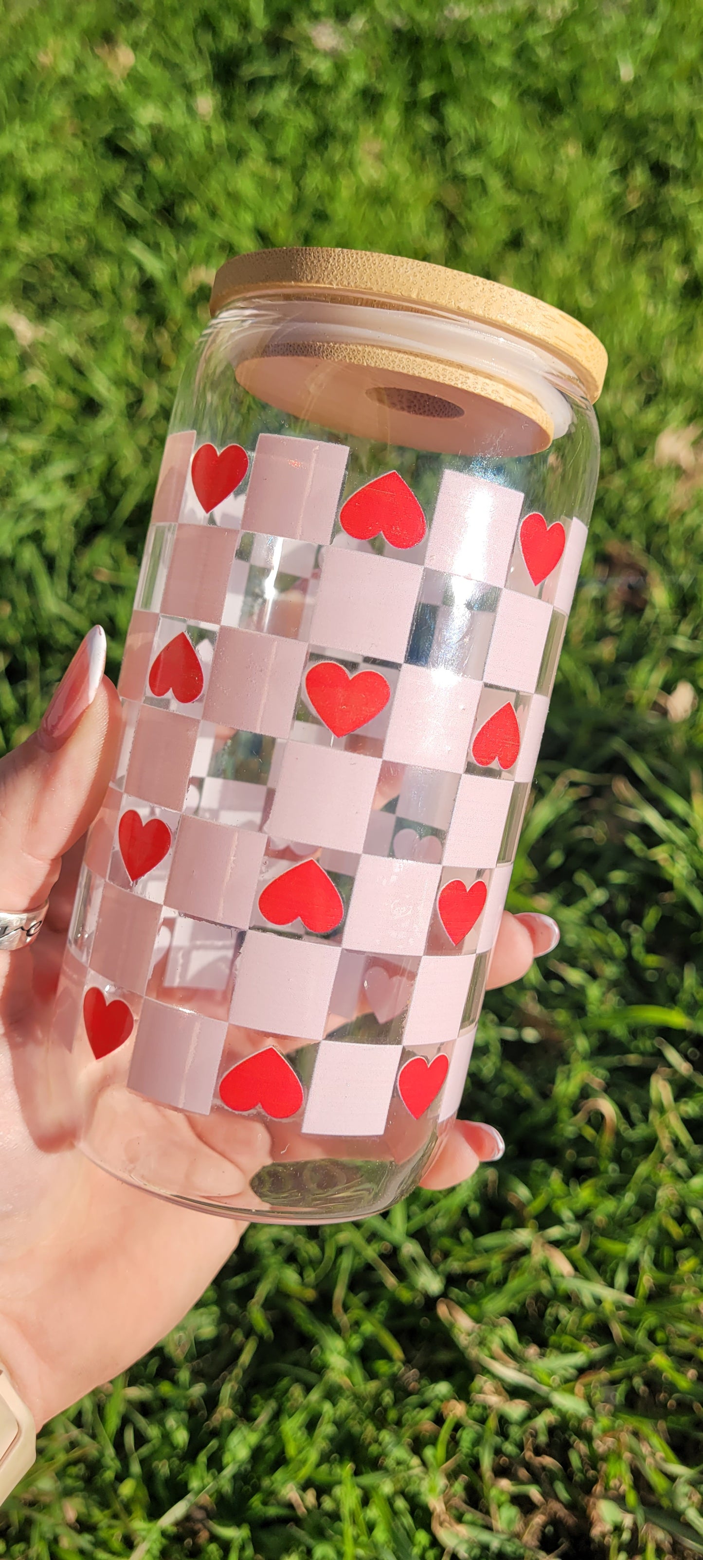 Heart Checkerboard - 16 oz Glass Cup