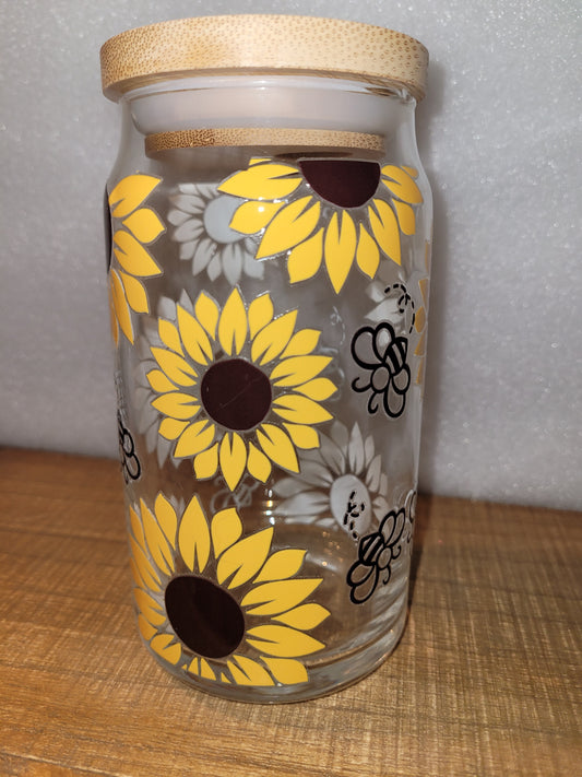 Sunflowers and Bees Glass Cup - 16 oz