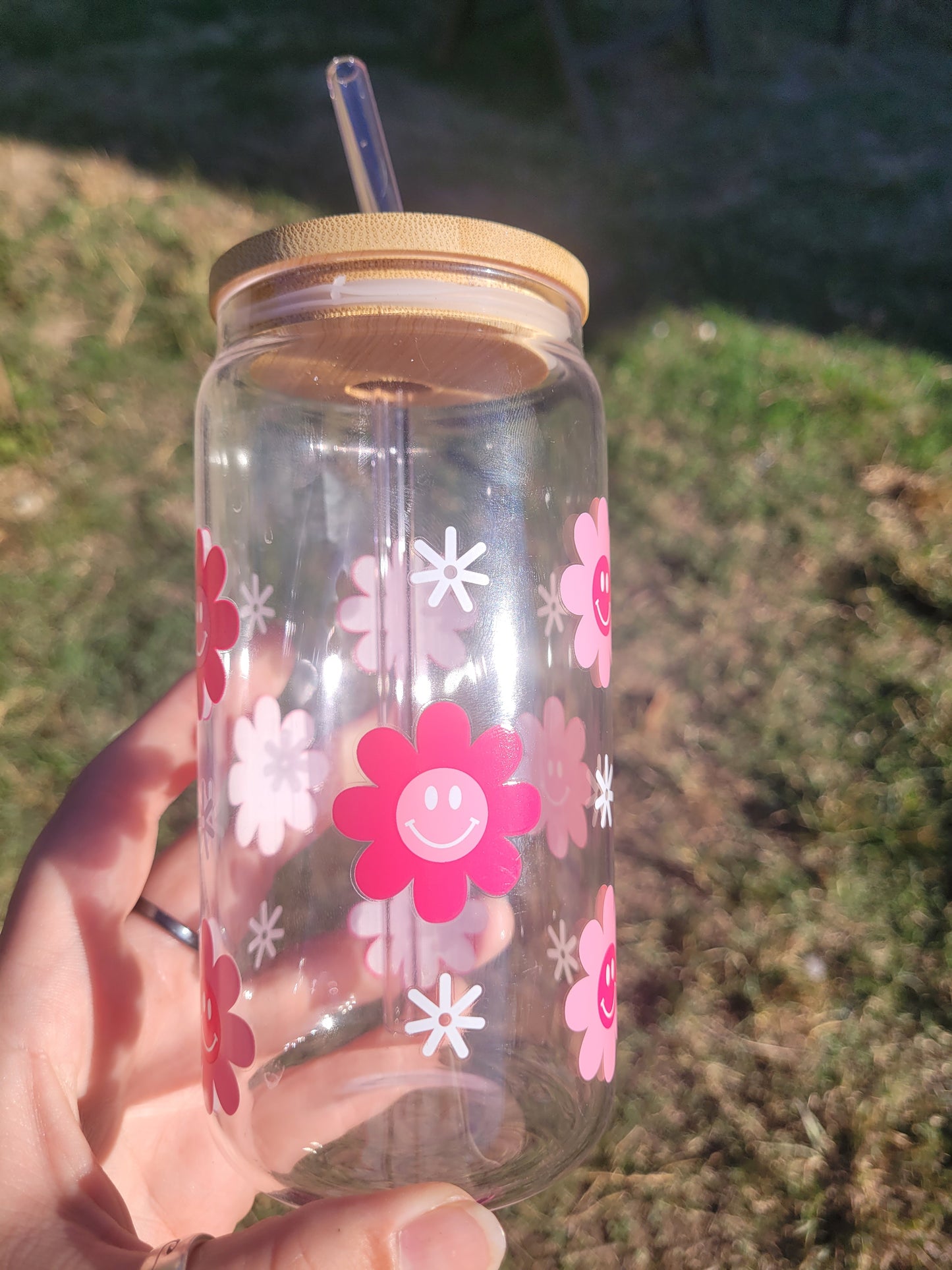Happy Petals Glass Cup - 16 oz