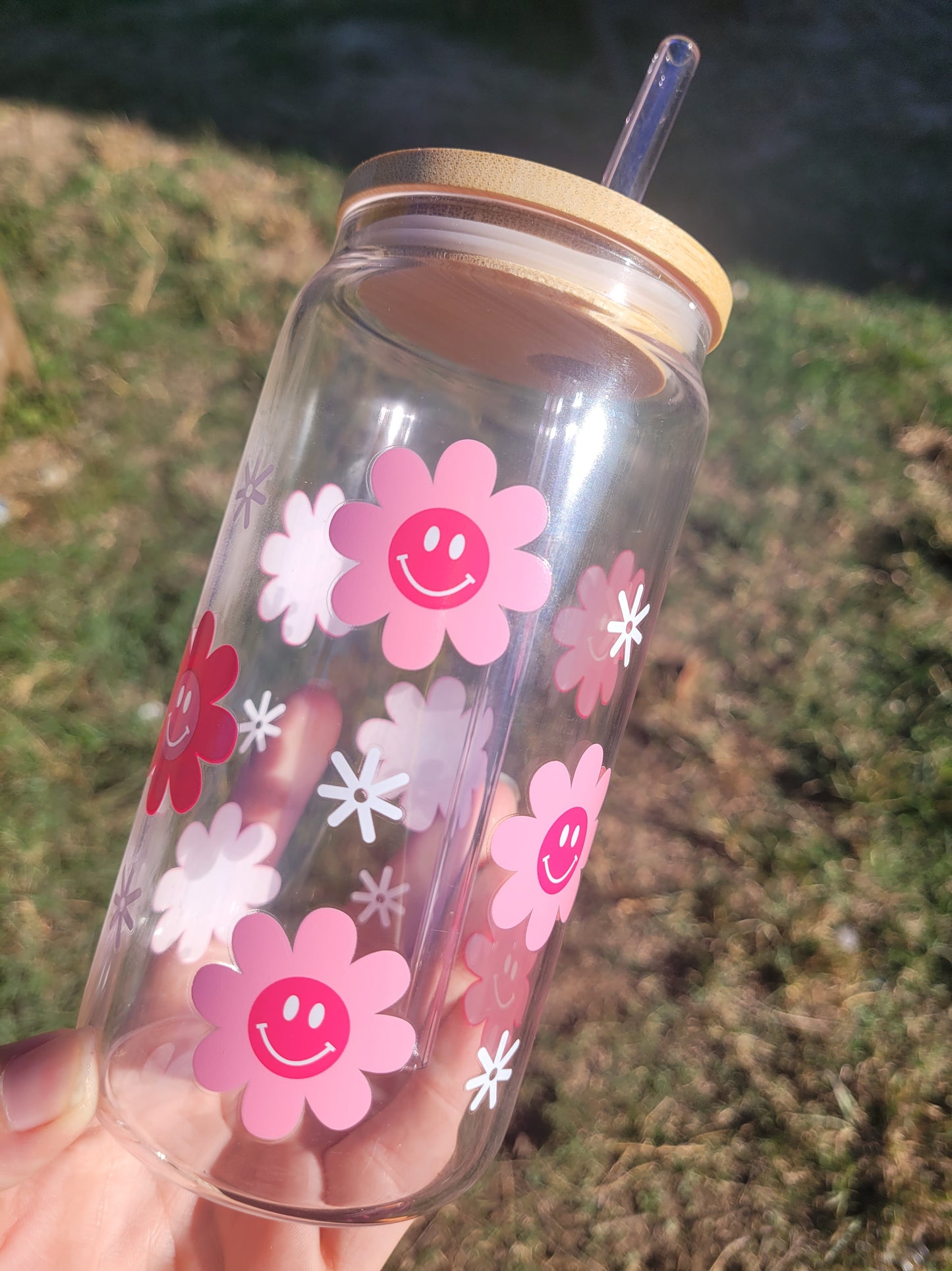 Happy Petals Glass Cup - 16 oz