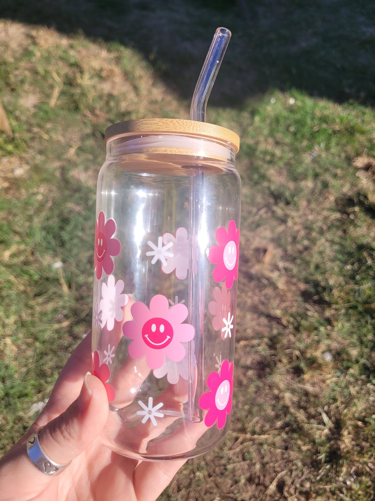 Happy Petals Glass Cup - 16 oz