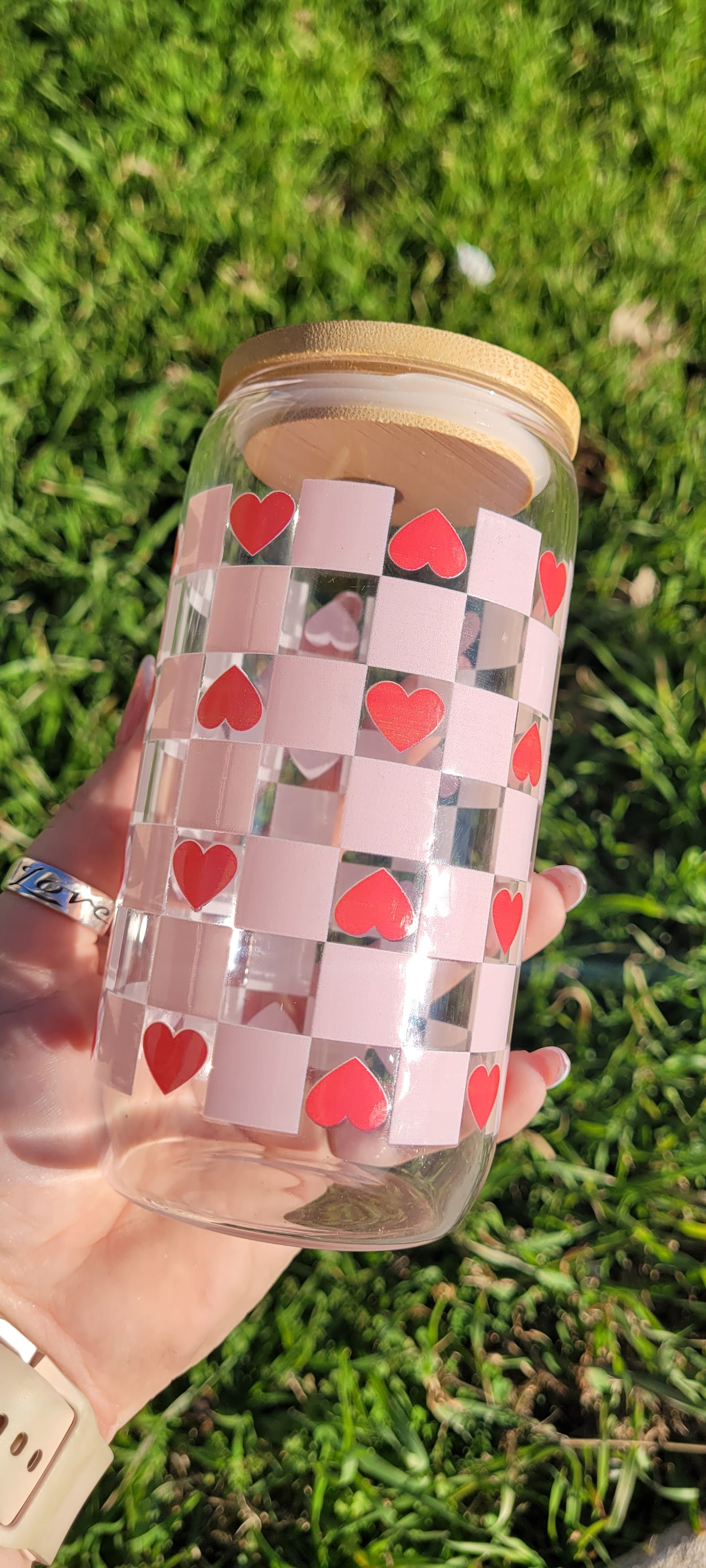 Heart Checkerboard - 16 oz Glass Cup
