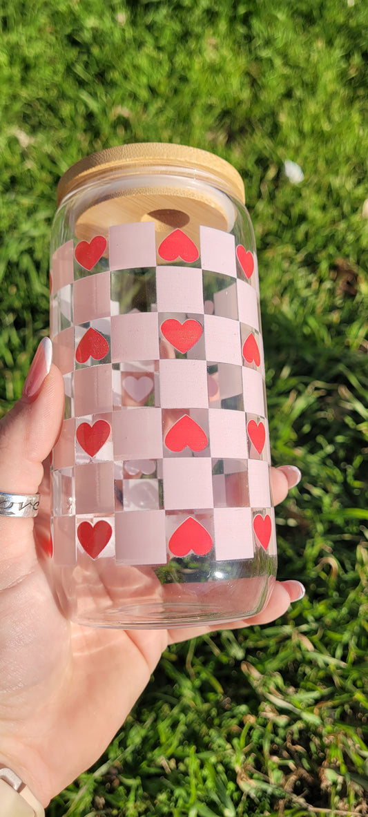 Heart Checkerboard - 16 oz Glass Cup
