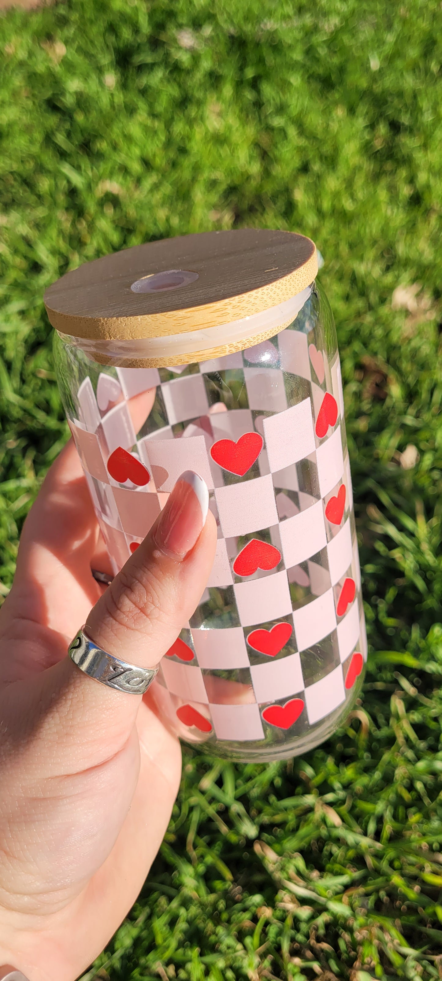 Heart Checkerboard - 16 oz Glass Cup