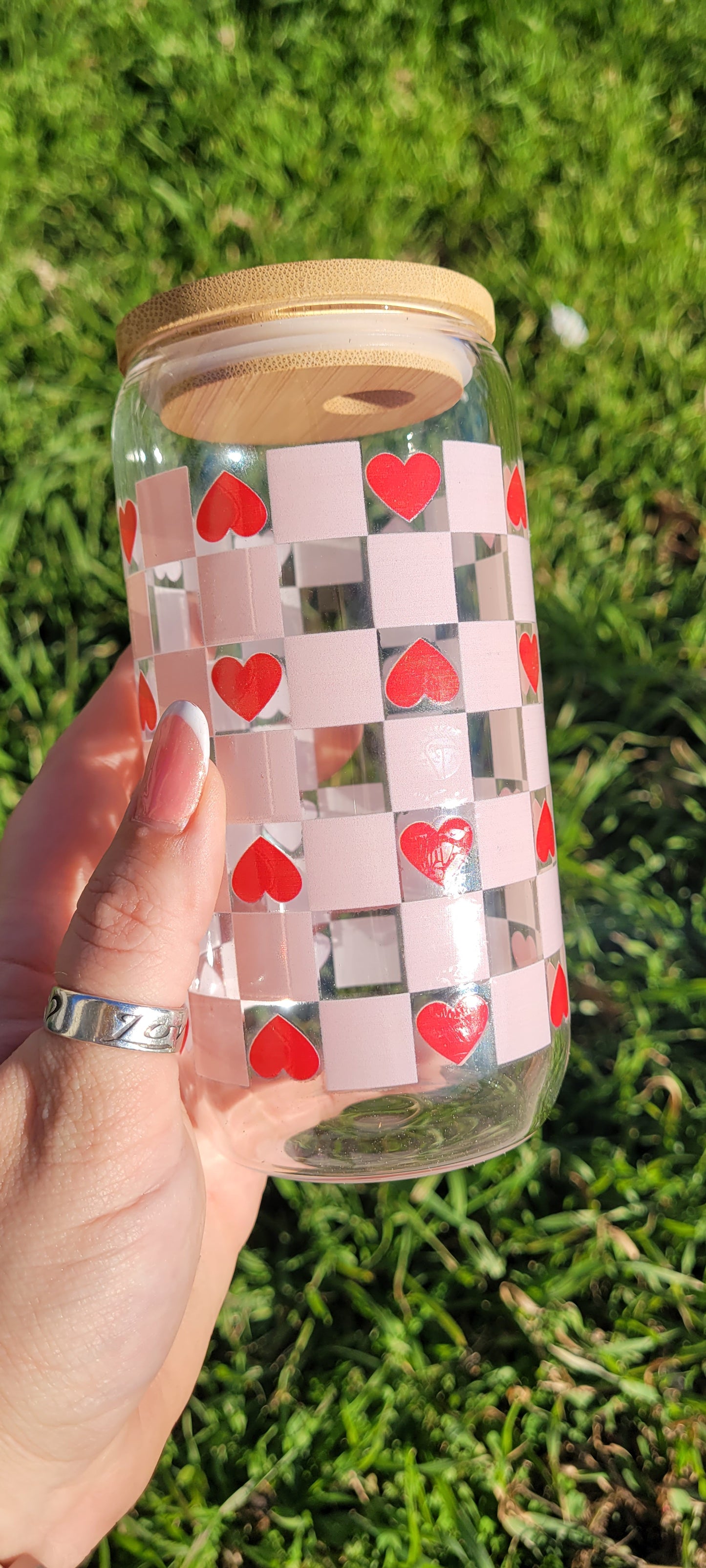 Heart Checkerboard - 16 oz Glass Cup
