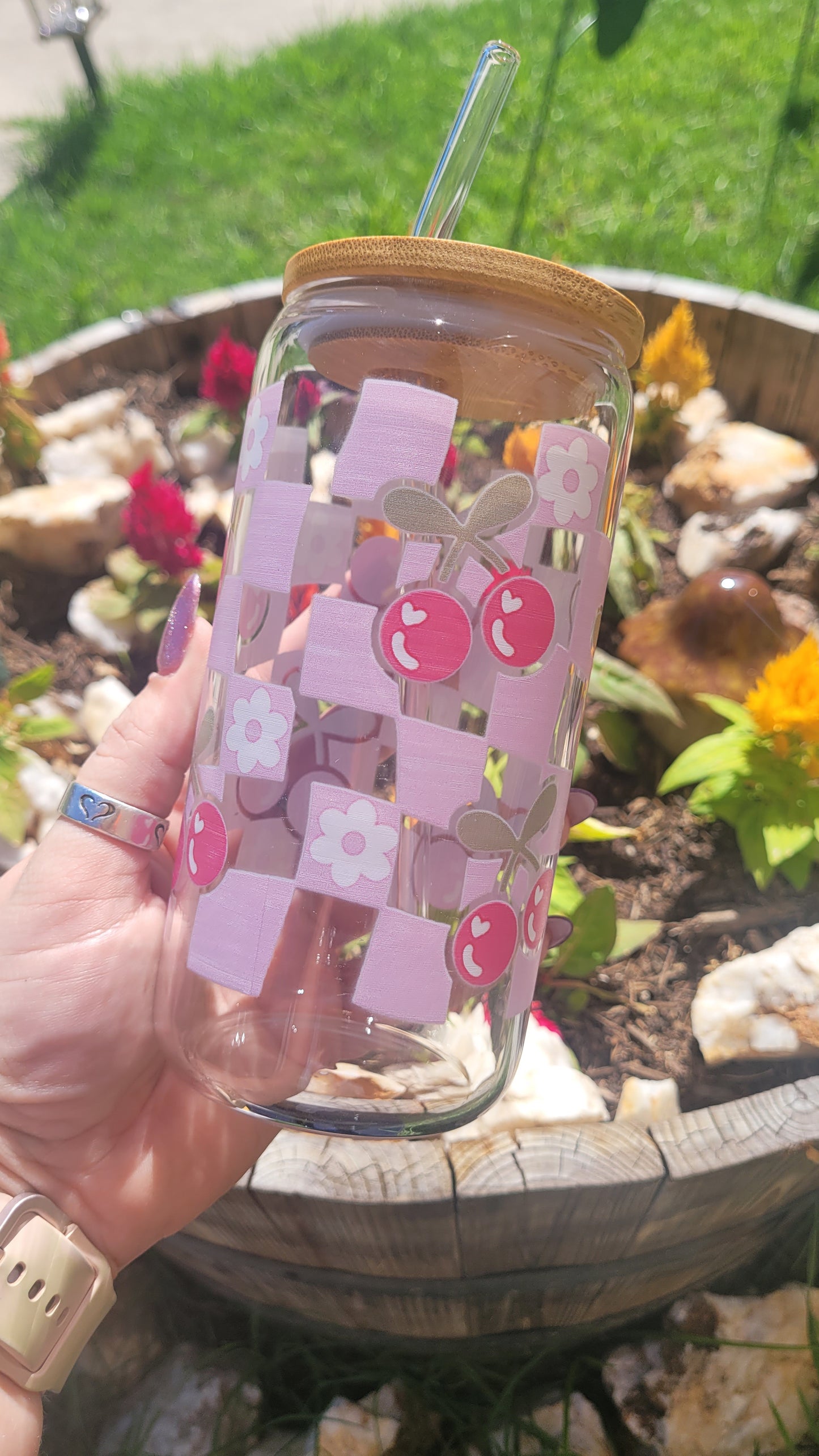 Cherry Checkerboard - 16oz Glass Cup