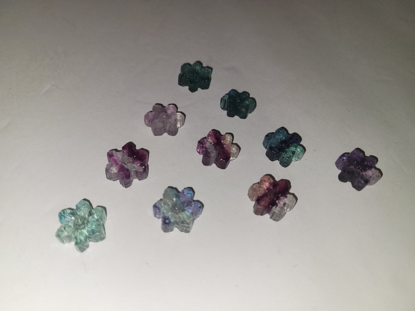 Tiny Rainbow Fluorite Snowflakes