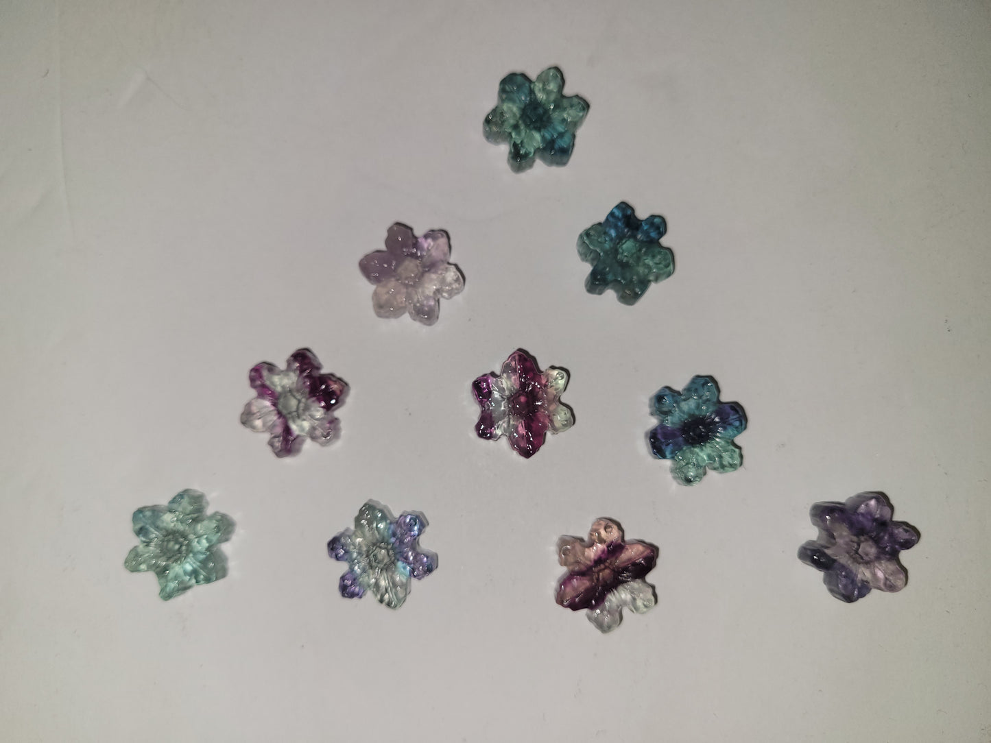 Tiny Rainbow Fluorite Snowflakes