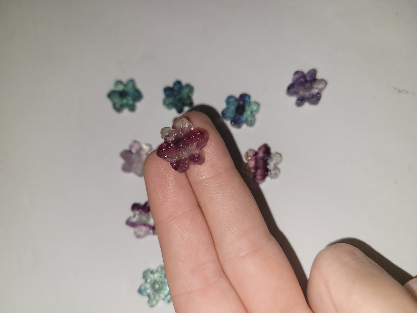 Tiny Rainbow Fluorite Snowflakes