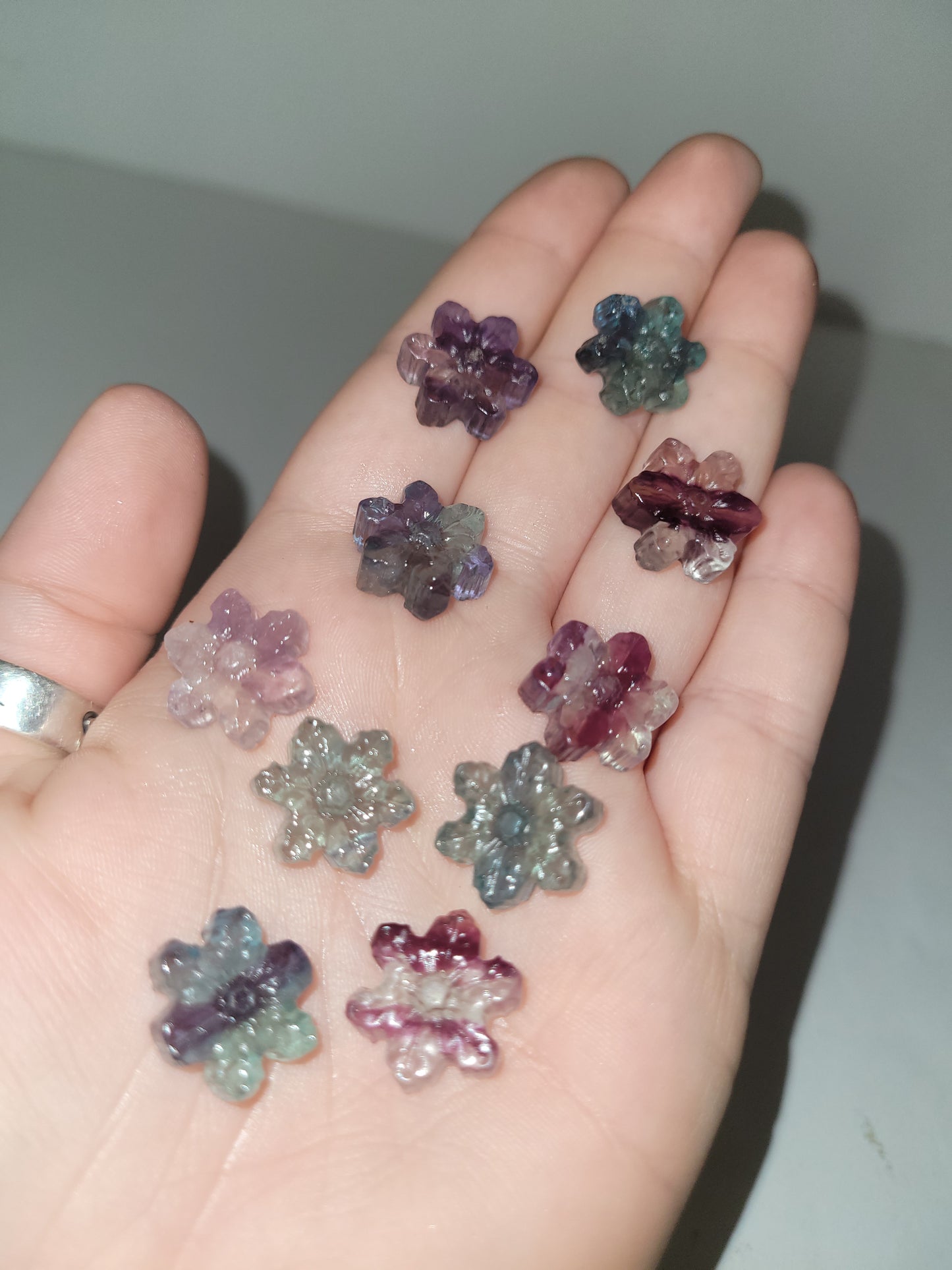Tiny Rainbow Fluorite Snowflakes